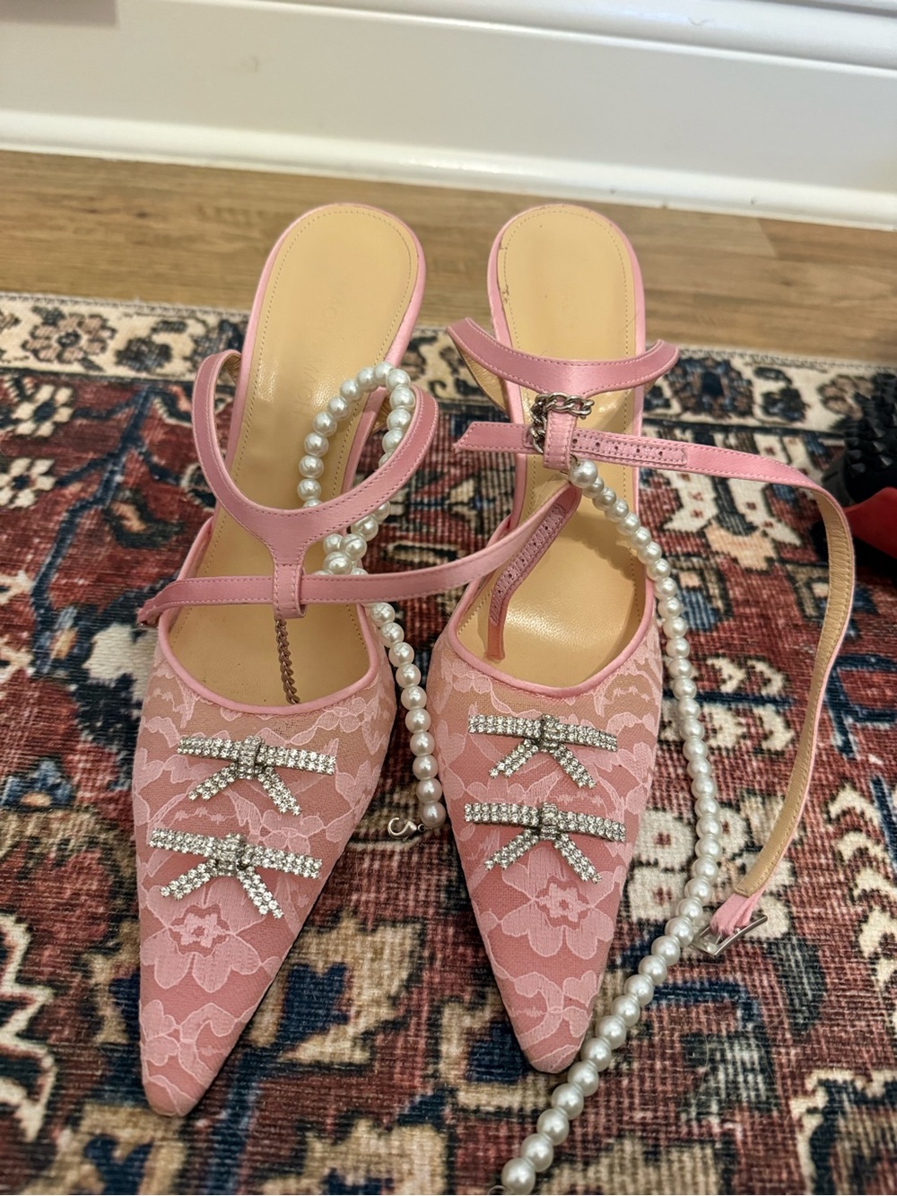MACH & MACH Pink Lace Pointed Mule Heels with Crystal Bows and Pearl Strap